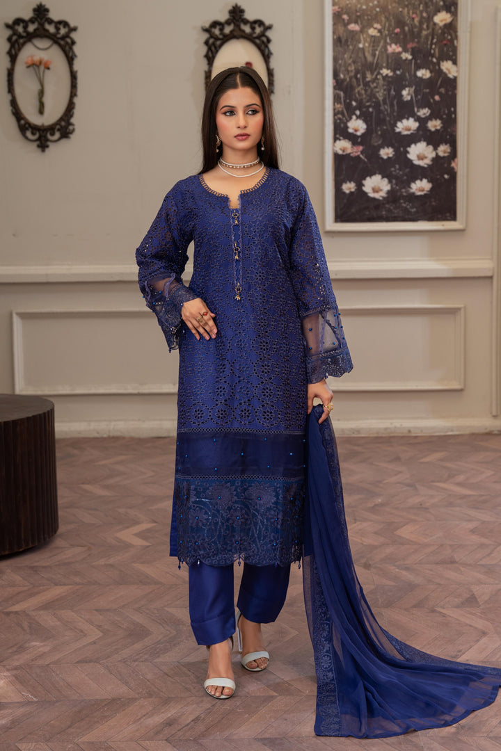 1143D - Blue Embroidered Linen 3 Piece suit
