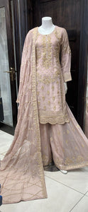 LIGHT PINK CHIFFON EMBROIDERED 3 PIECE SUIT 232G