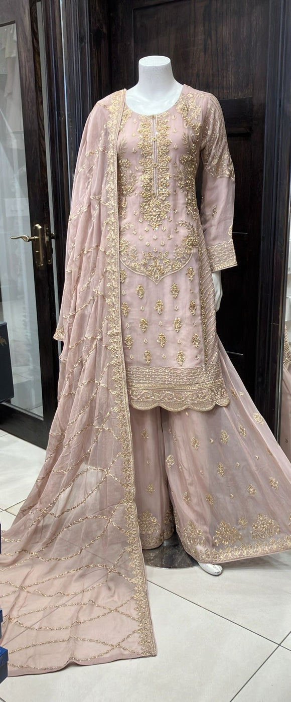 LIGHT PINK CHIFFON EMBROIDERED 3 PIECE SUIT 232G