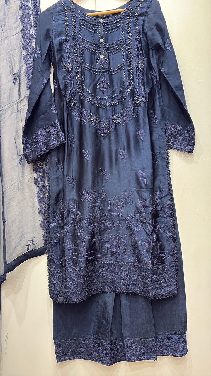 AG23a- BLUE EMBROIDERED SILK 3 PIECE SUIT