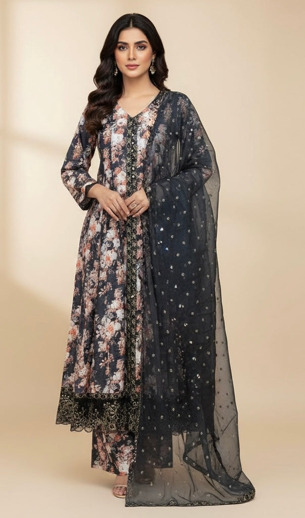 ZC2825D - Black Embroidered Cotton 3 Piece suit