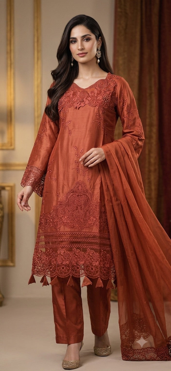 1115A - Copper Embroidered Viscose 3 Piece suit
