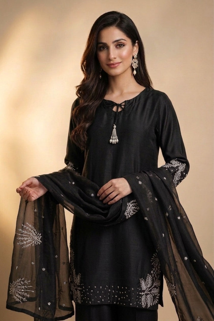 1179A - Black Embroidered Viscose 3 Piece suit