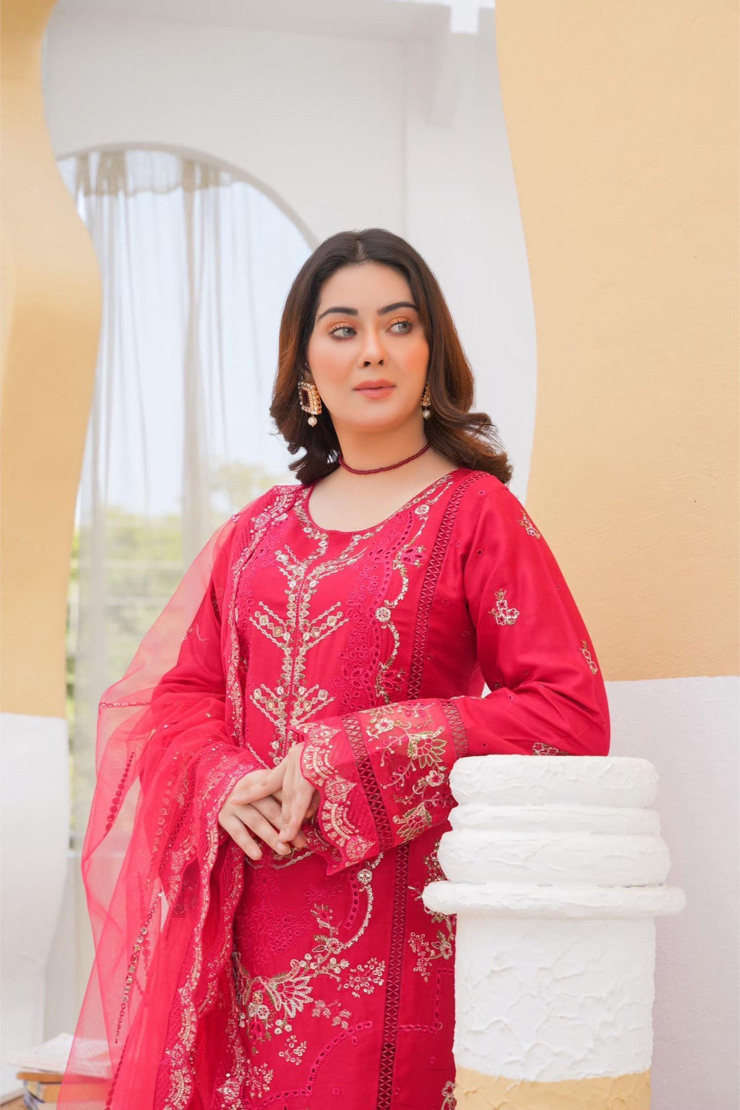 77B - Maria b inspired Red Embroidered Cotton 3 piece suit