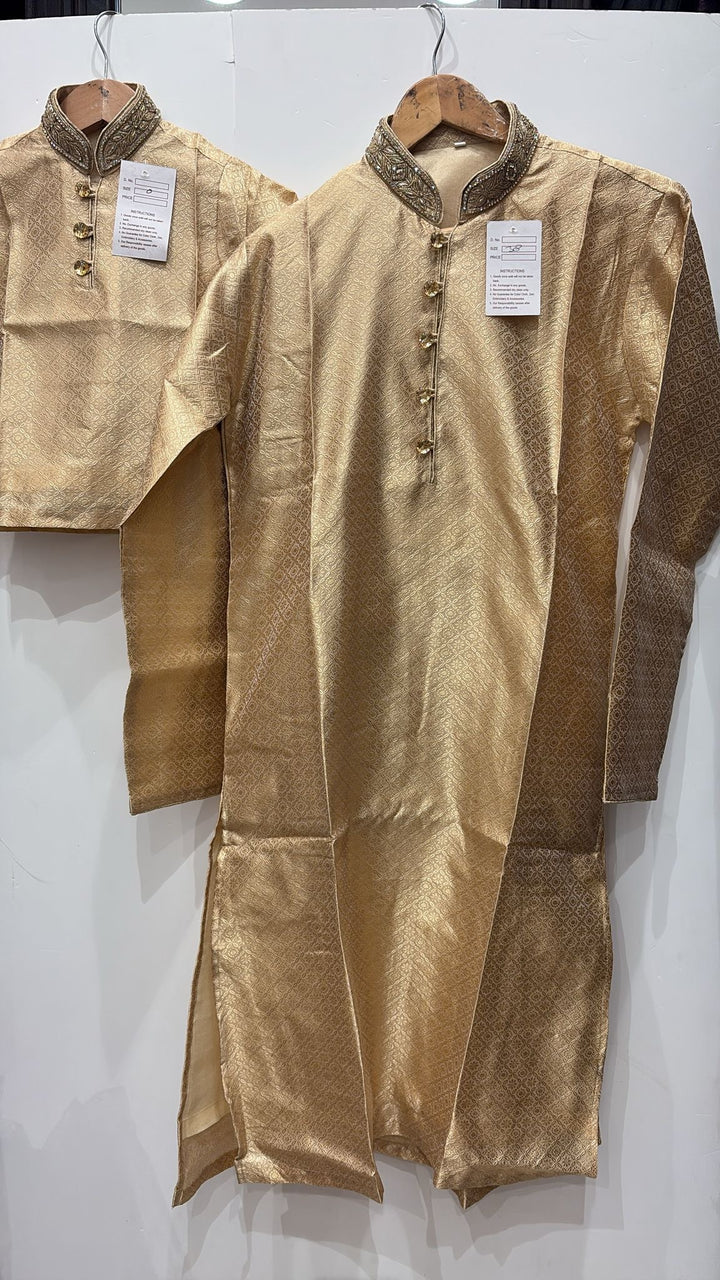 MSJ05 - Dark Beige Gold Embroidered Jacquard Silk Kurta Trousers Set Men and Boys