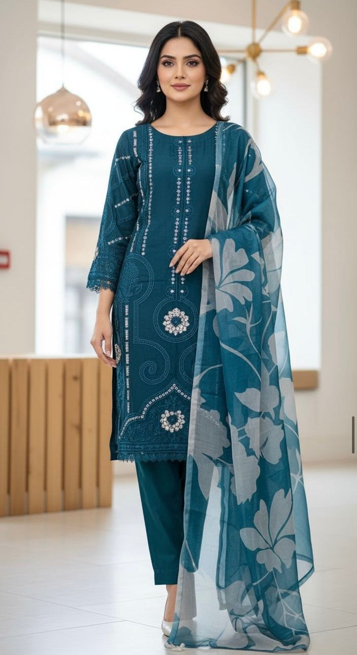 TEAL EMBROIDERED LINEN 3 PIECE SUIT 086A
