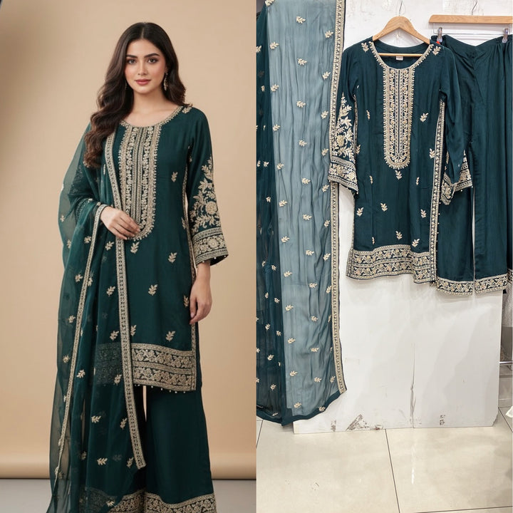365B- Green Embroidered Silk 3 Piece Suit