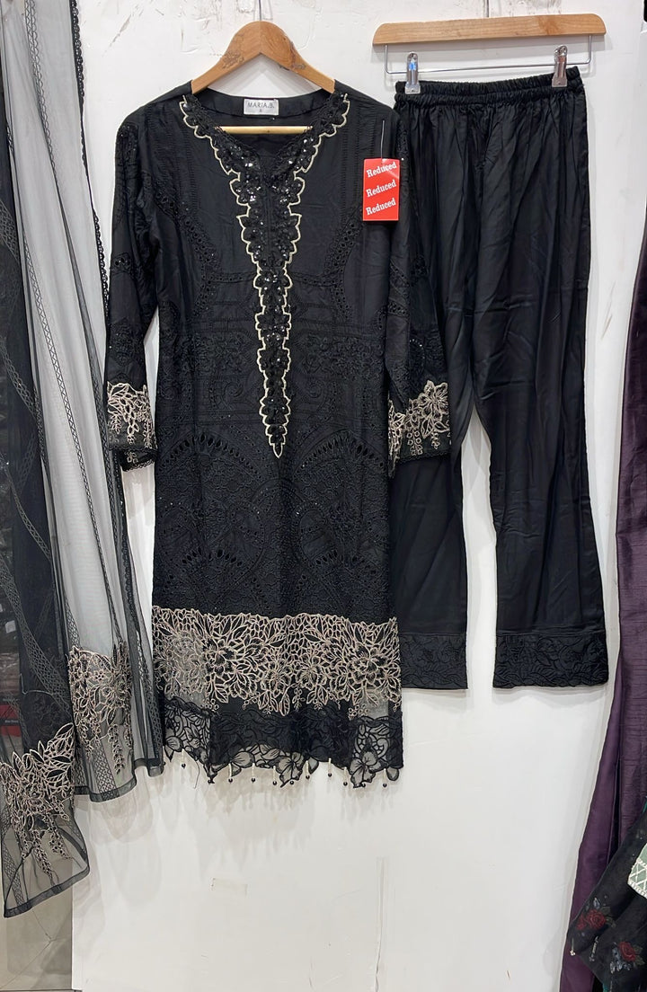 1173C - Black Embroidered Linen 3 Piece suit