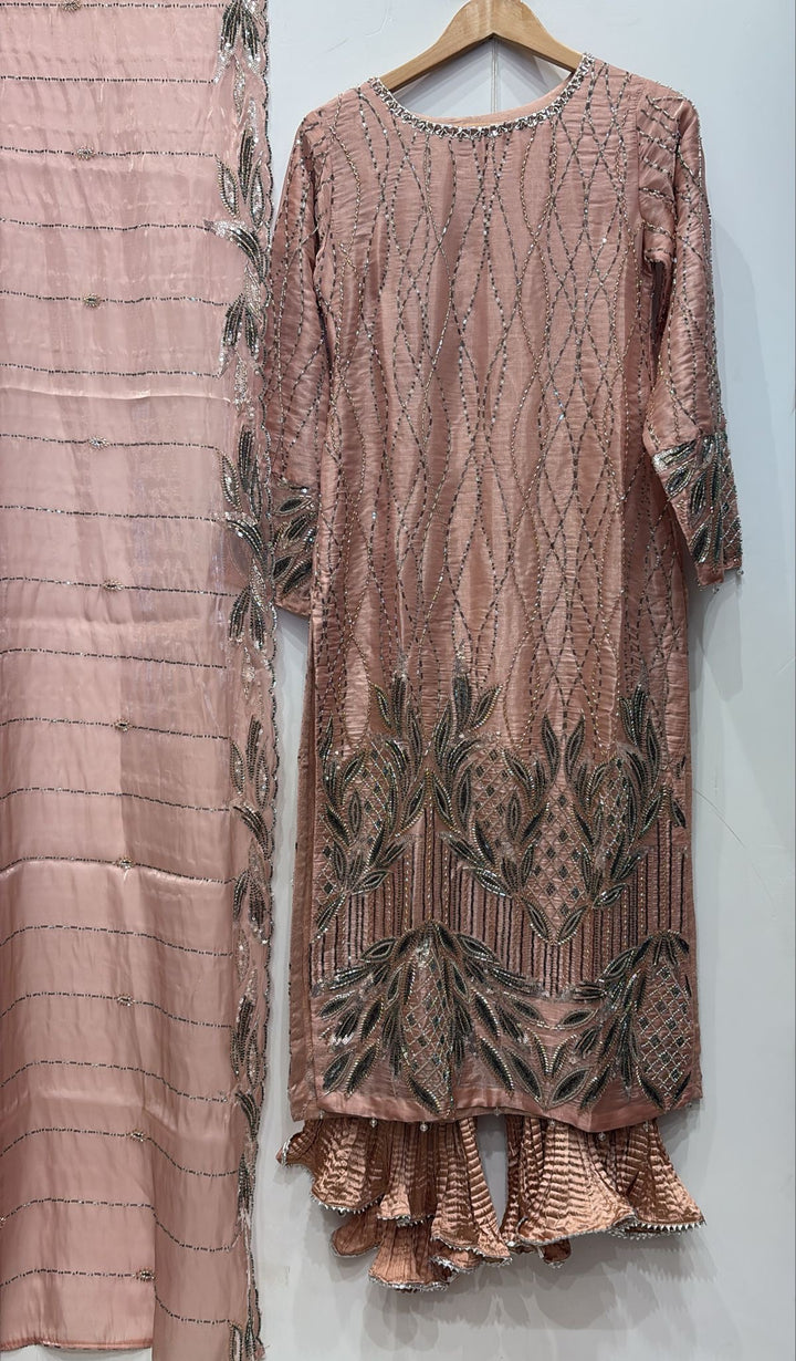 390F - PEACH EMBROIDERED & EMBELLISHED SILK SUIT
