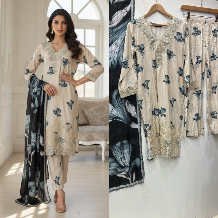 KB02 - EMBROIDERED LINEN PRINT 3 PIECE SUIT