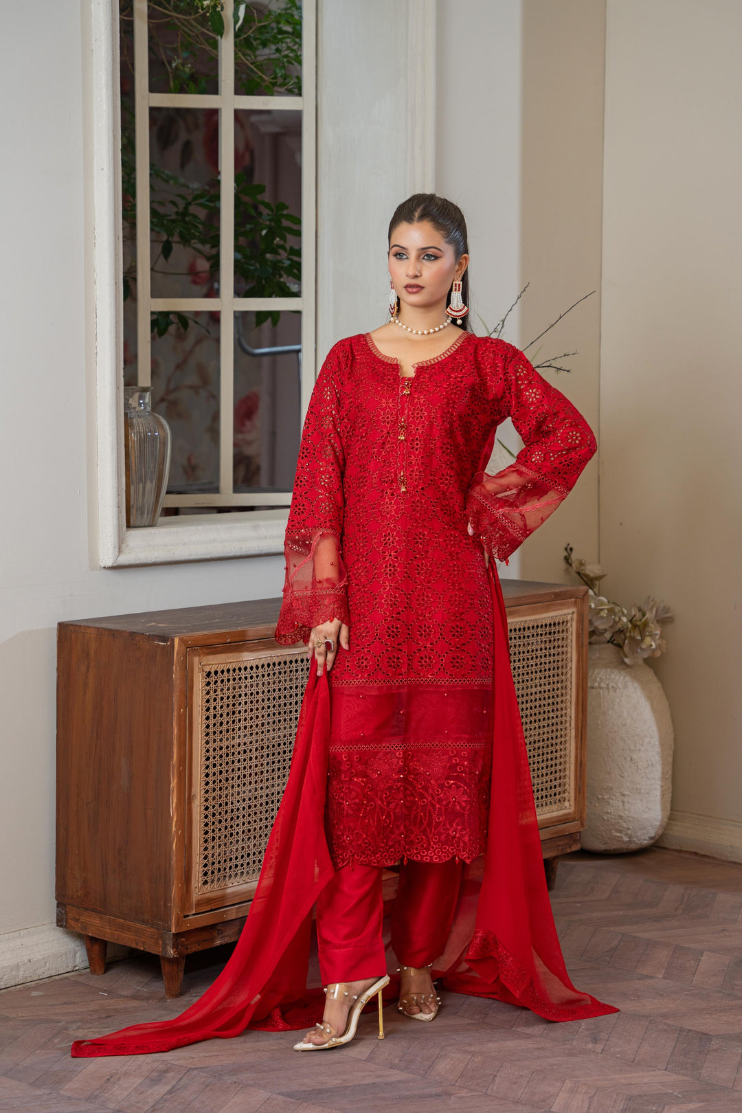1143B - Red Embroidered Linen 3 Piece suit