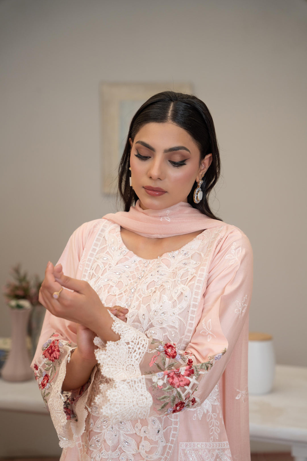1141D - Peach Embroidered Linen 3 Piece suit