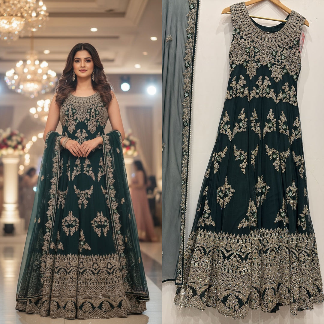 7015A- Green Embroidered & Embellished net long dress