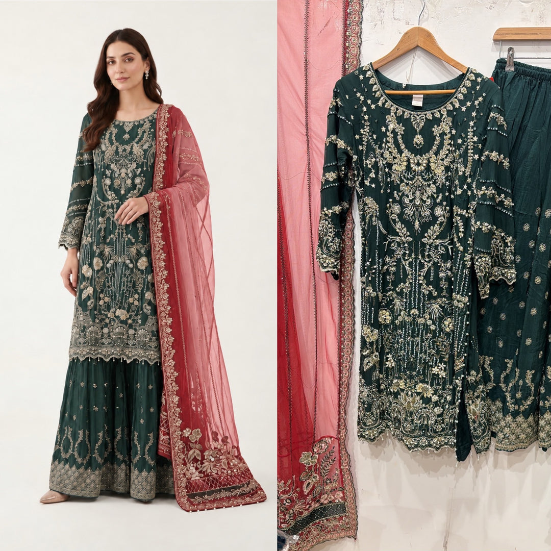 380C Green Embroidered Chiffon 3 Piece Sharara Suit - East meets west clothing 
