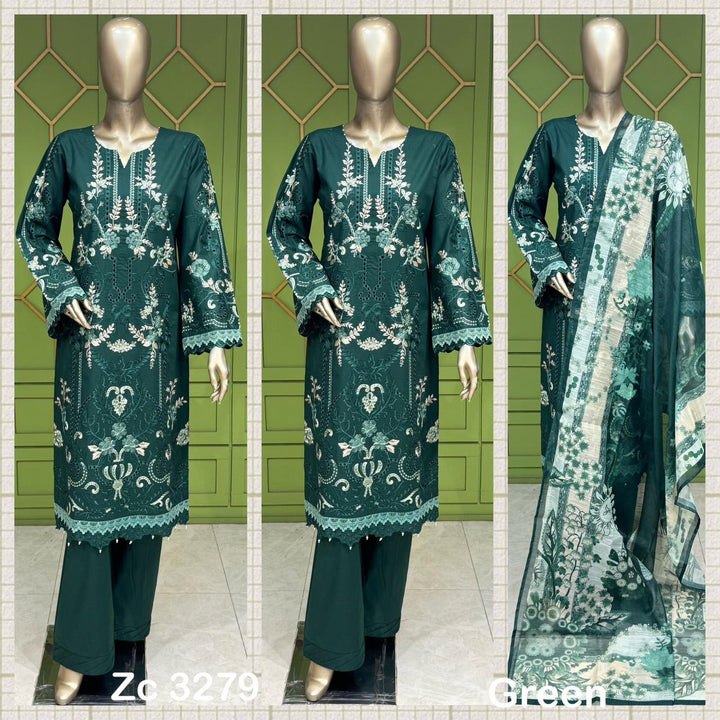 1118D- Green Embroidered Cotton 3 Piece suit