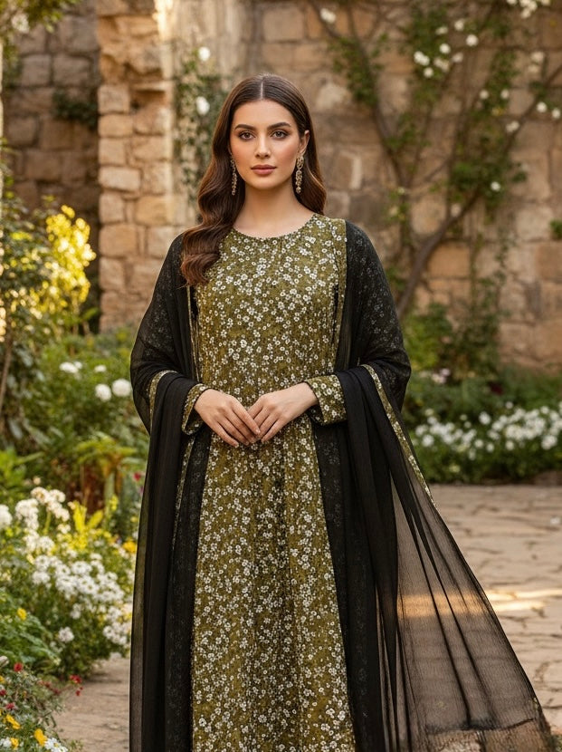 LS02 - GREEN COTTON PRINT LONG DRESS 3 PIECE SUIT