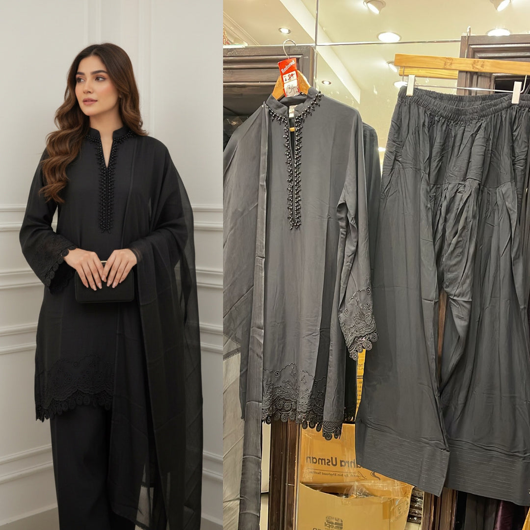 LF04 - Black Farshi Shalwar Embroidered linen suit