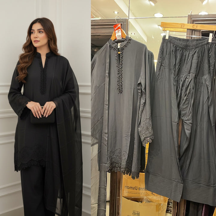 LF04 - Black Farshi Shalwar Embroidered linen suit