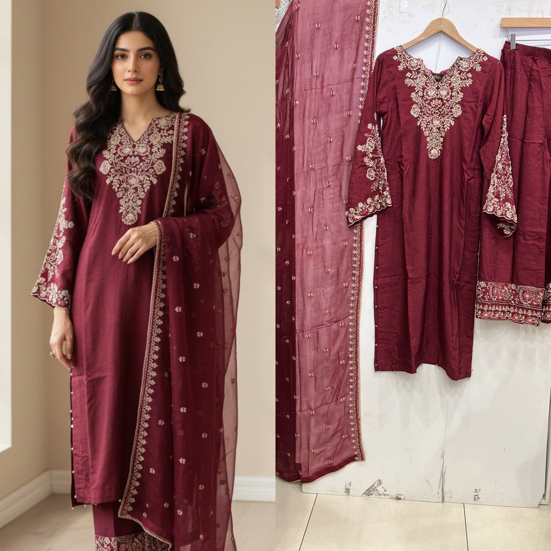 360B- Red Embroidered Silk 3 Piece Suit