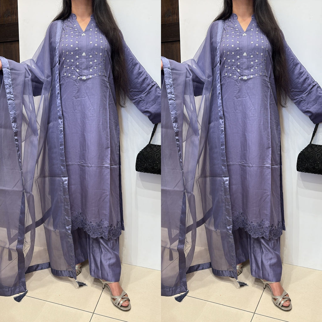 OLN3 - PURPLE LINEN EMBROIDERED 3 PIECE SUIT