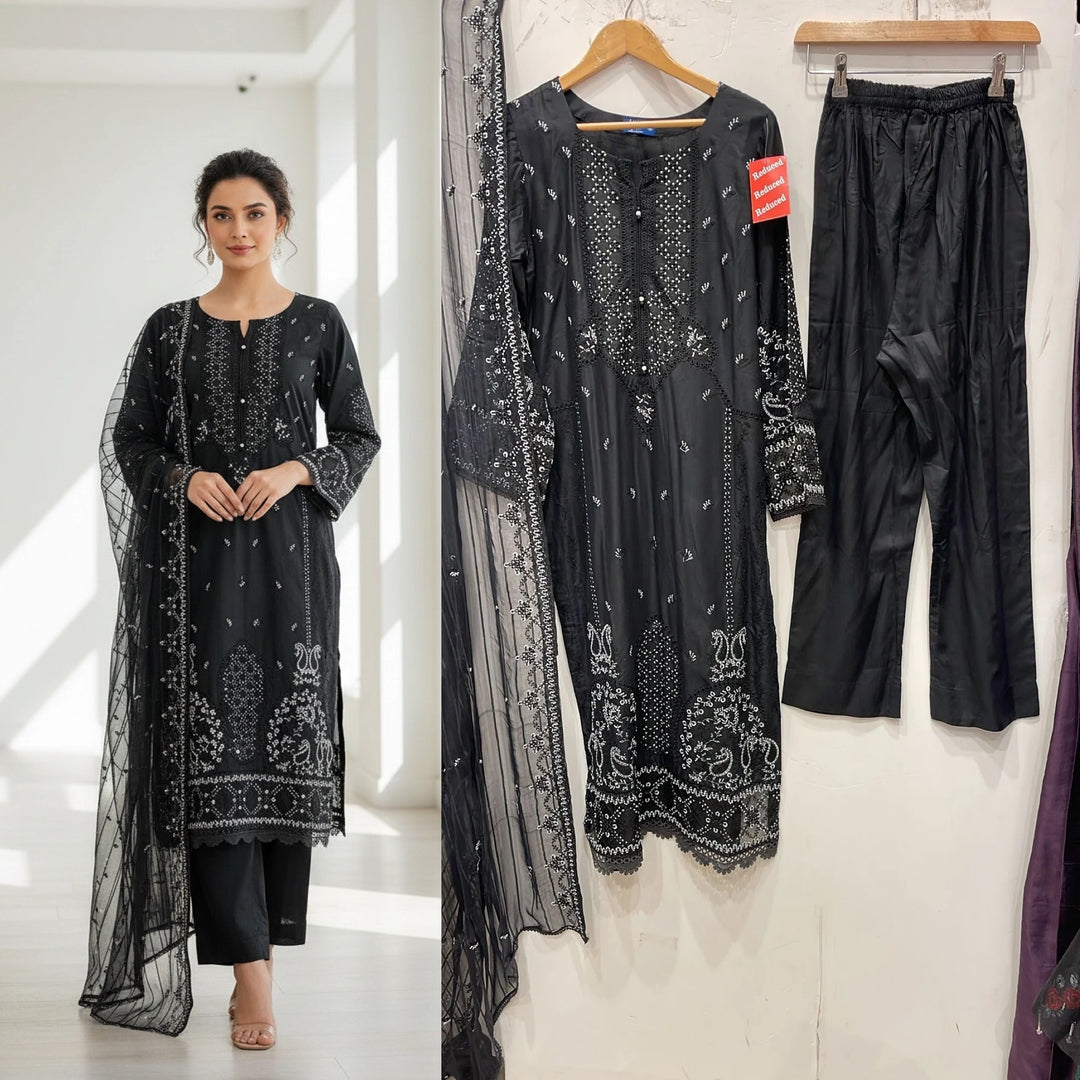1174D - Black Embroidered Linen 3 Piece suit
