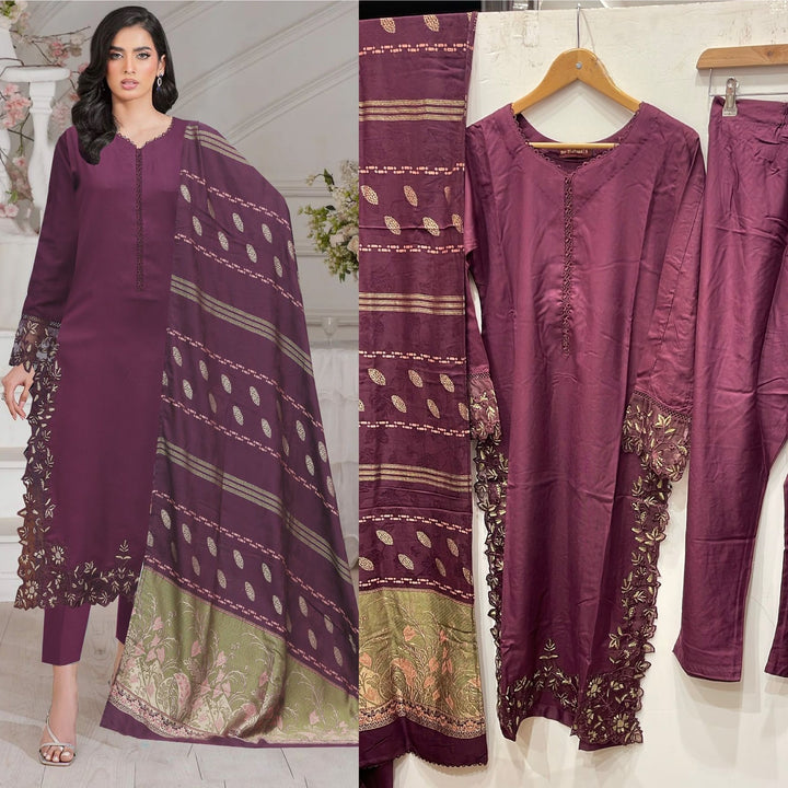 DL02- PURPLE DHANAK LINEN EMBROIDERED SUIT