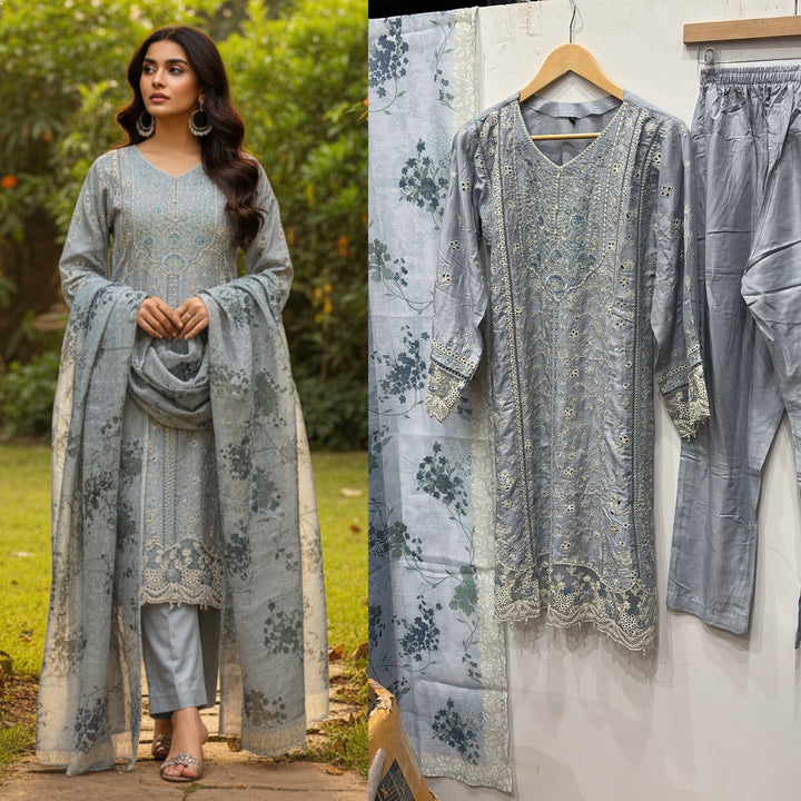 1152C -  GREY EMBROIDERED LINEN 3 PIECE SUIT