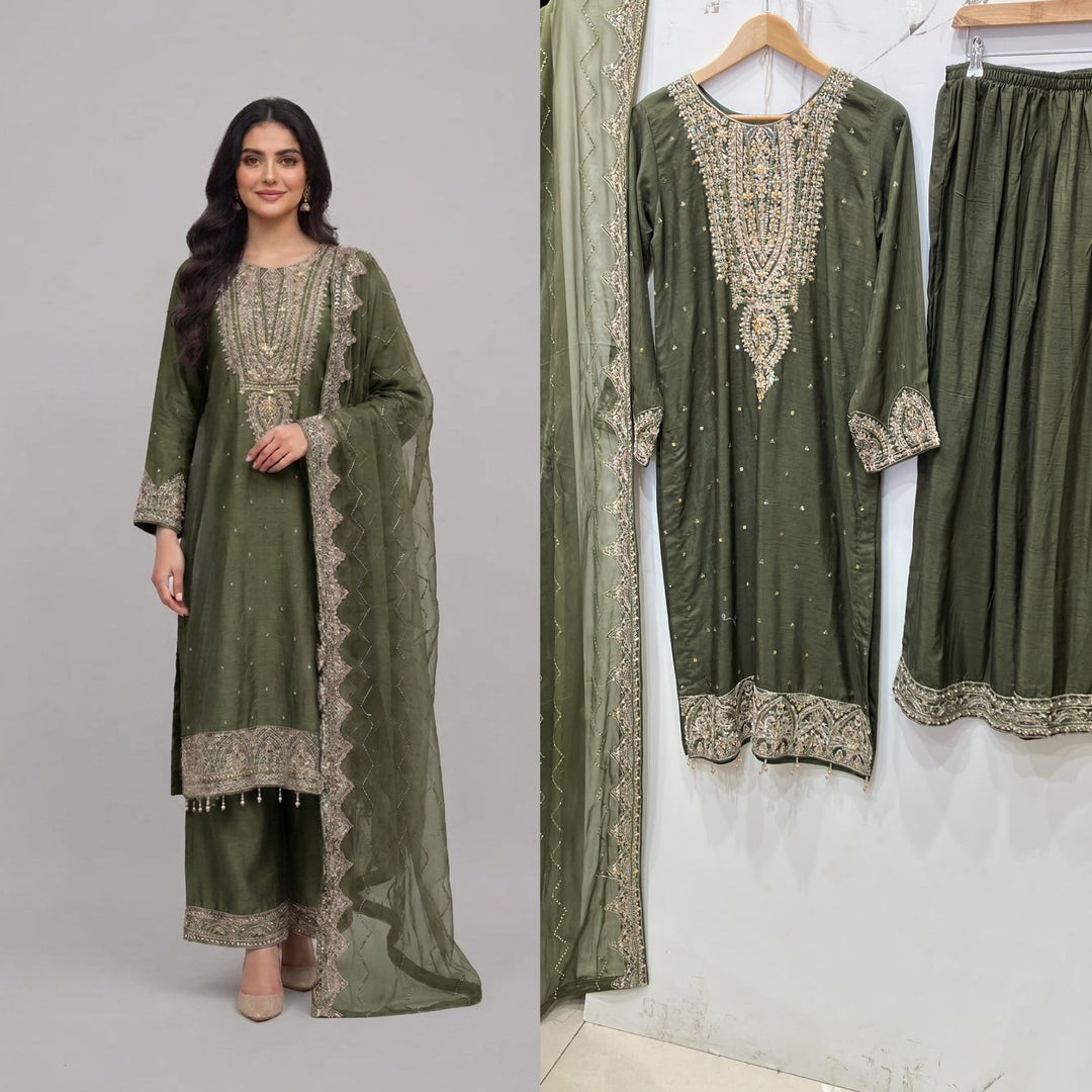 364C- Green Embroidered Silk 3 Piece Suit