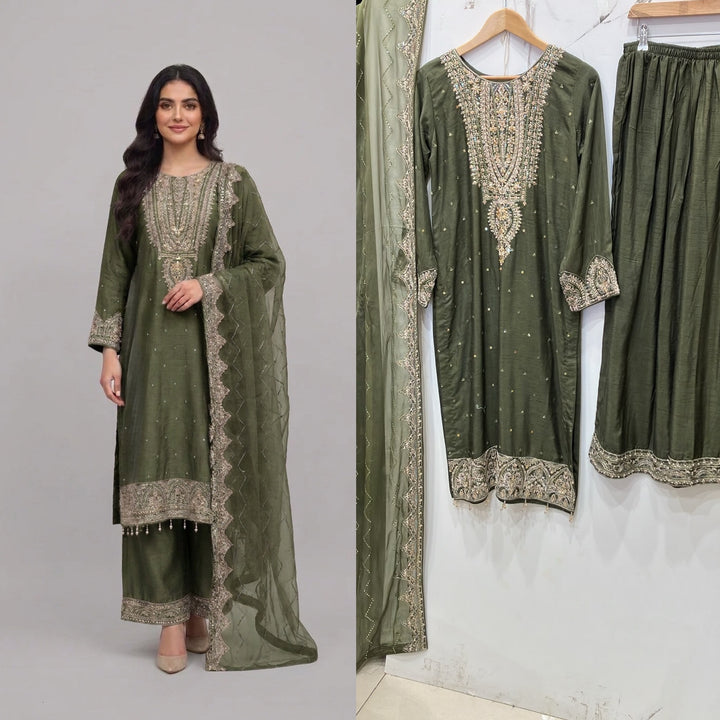 364C- Green Embroidered Silk 3 Piece Suit