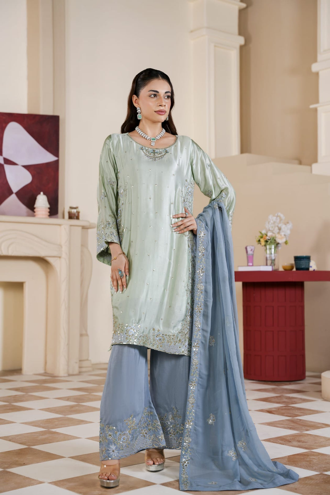 333G - Embroidered Shamoz Silk 3 Piece Suit - East meets west clothing 