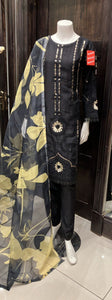 BLACK EMBROIDERED LINEN 3 PIECE SUIT 086B