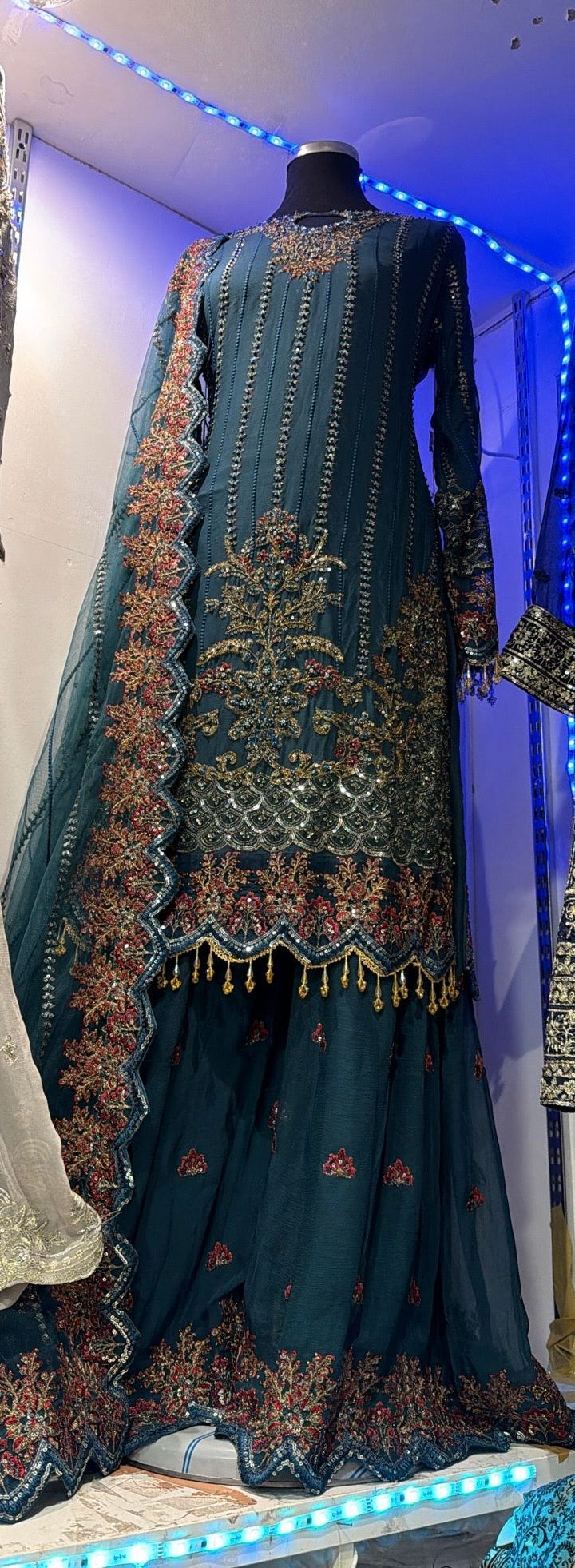 334G - Teal Embroidered Chiffon Shirt with Palazzo/Sharara & Embroidered Dupatta