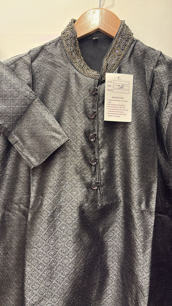 MSJ01 - Dark Grey Embroidered Jacquard Silk Kurta Trousers Set for Men and Boys