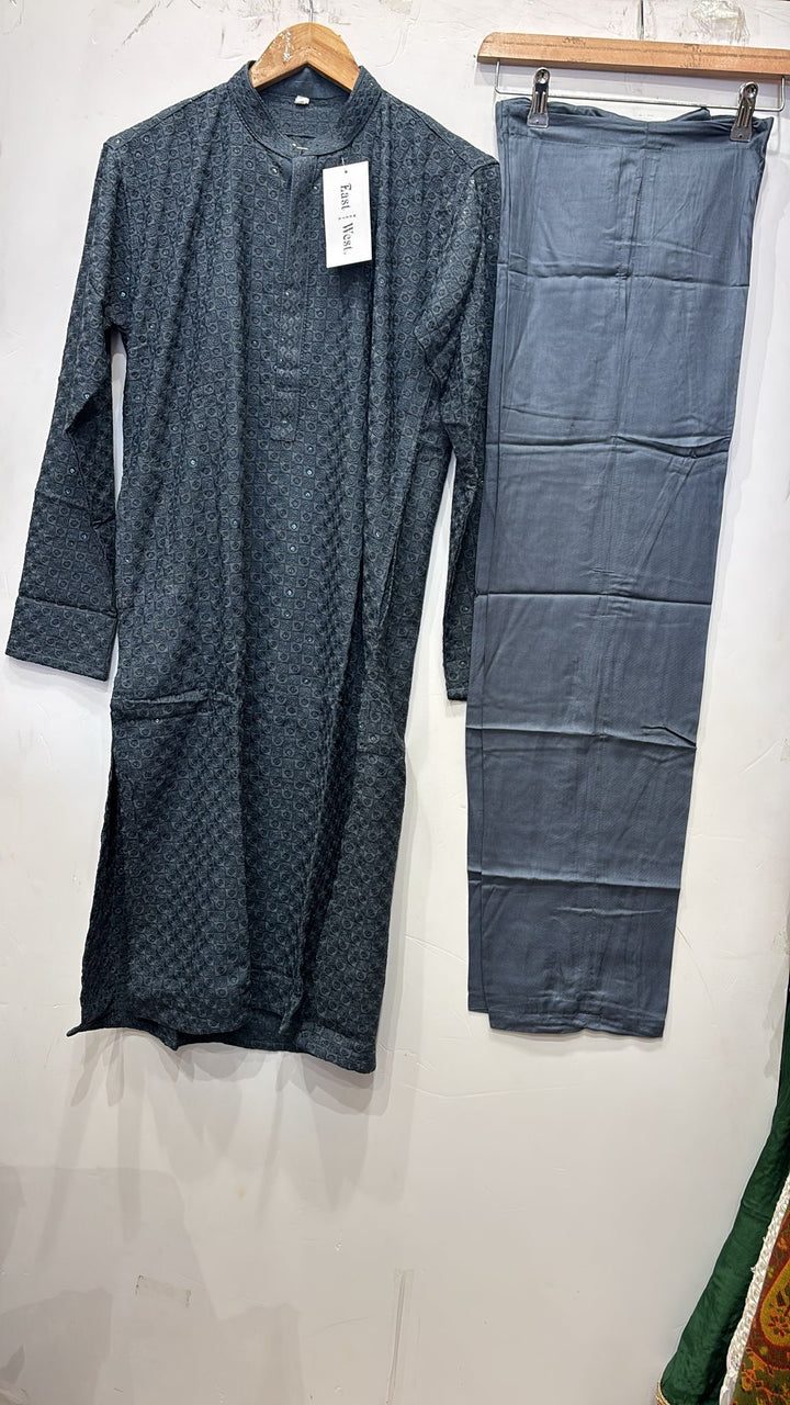 CK741 - Grey Cotton Chikankari Set for Boys and Men