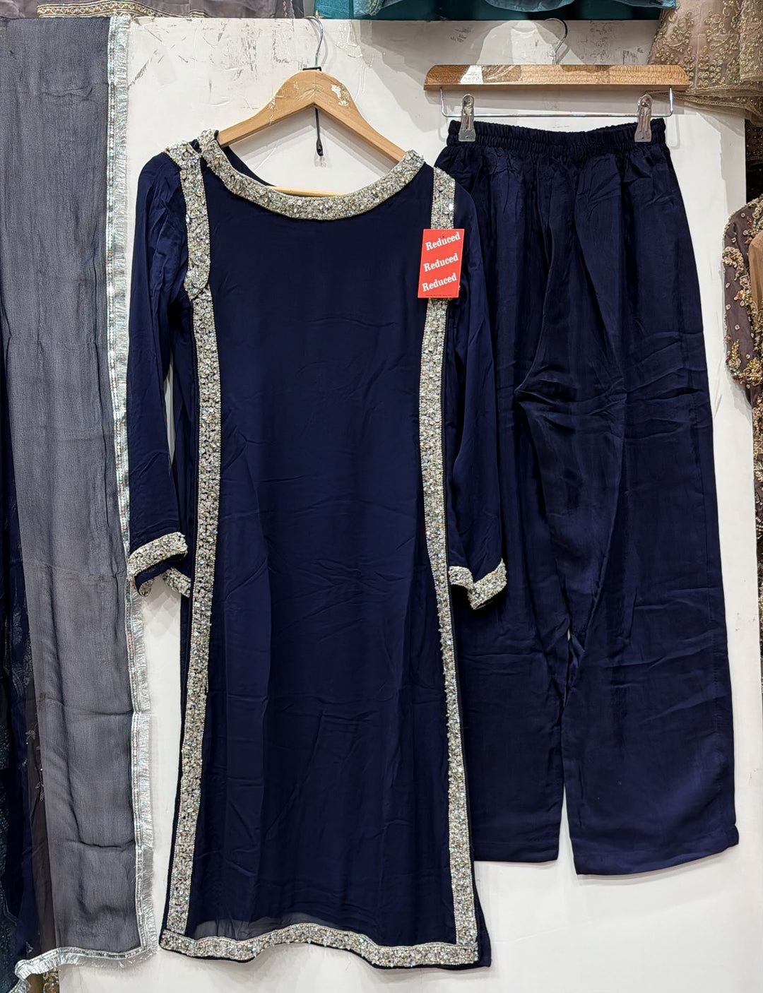 377A Blue Embroidered Chiffon Hand Work 3-Piece Suit
