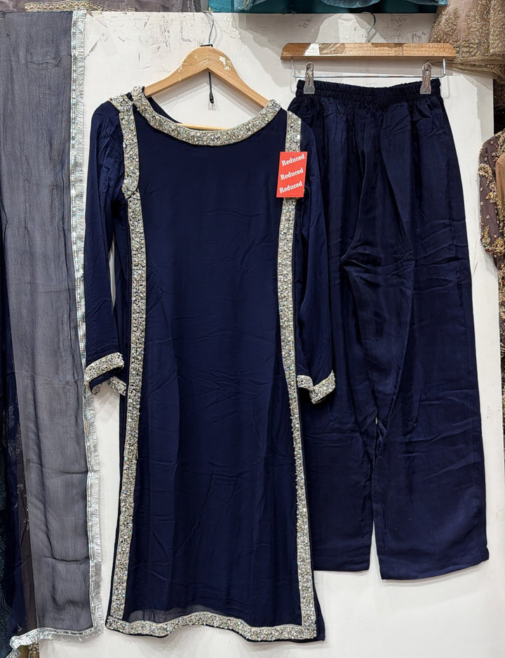 377A Blue Embroidered Chiffon Hand Work 3-Piece Suit