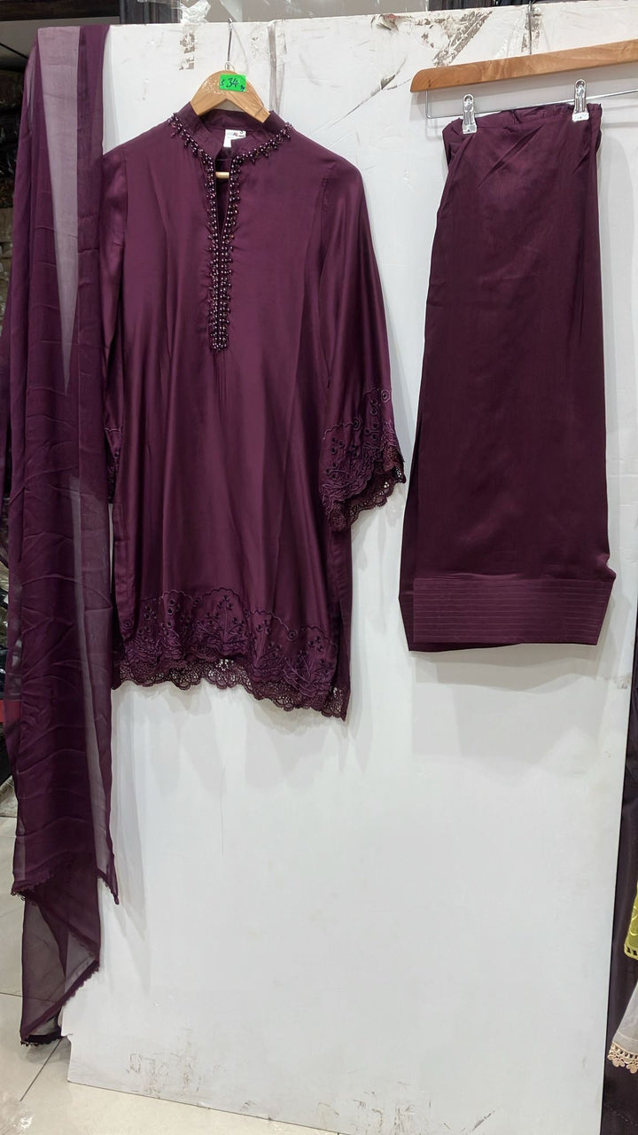 1116J - Purple Viscose Silk Shirt with Farshi Shalwar & Chiffon Dupatta
