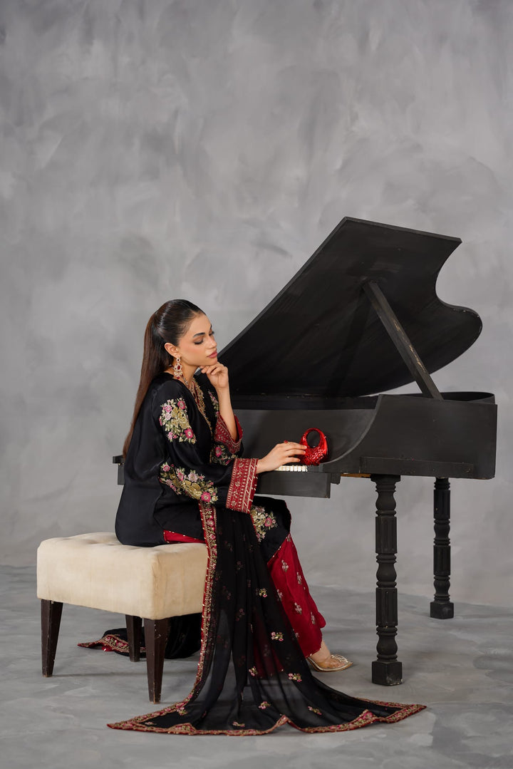 335C- Black/Red Embroidered Shamoz Silk 3 Piece Suit