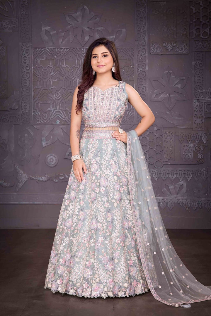 1225B - GIRLS LIGHT BLUE EMBROIDERED & EMBELLISHED LENGHA CHOLI