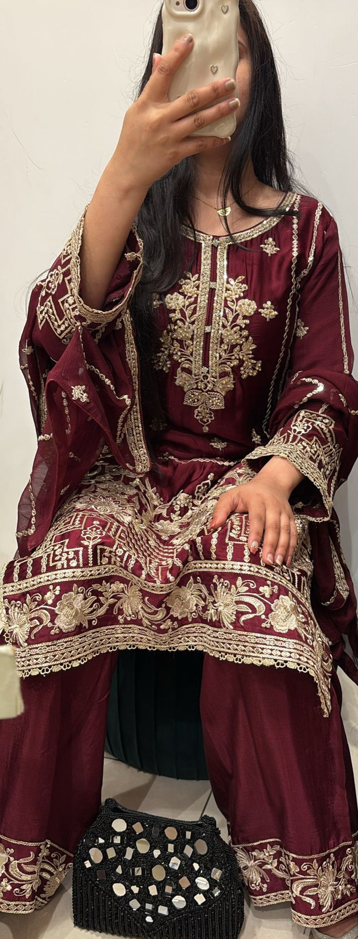 MAROON EMBROIDERED SILK 3 PIECE SUIT AG15c