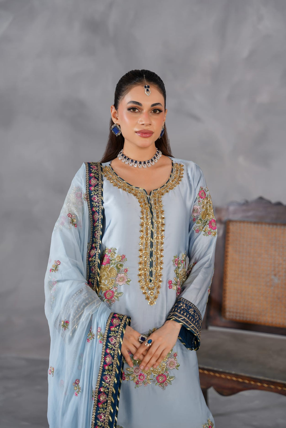 335E- Blue Embroidered Shamoz Silk 3 Piece Suit