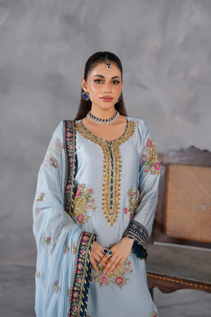 335E- Blue Embroidered Shamoz Silk 3 Piece Suit
