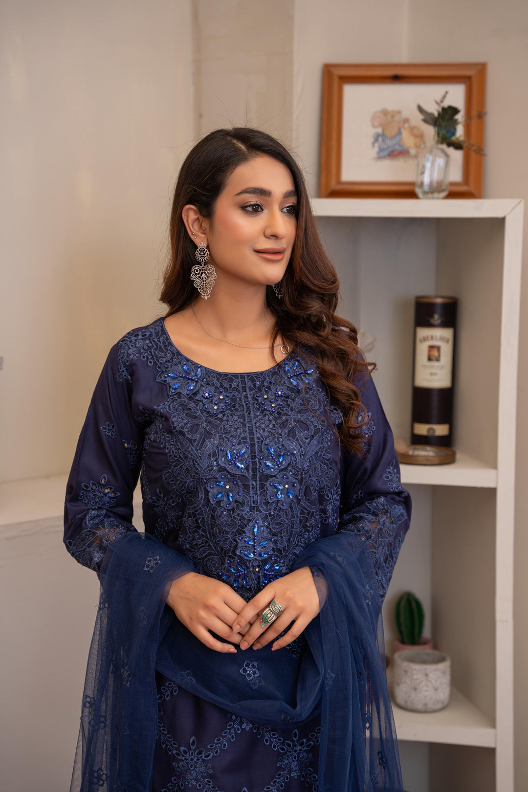 74L - Maria b inspired Blue Farshi Shalwar Embroidered Linen suit