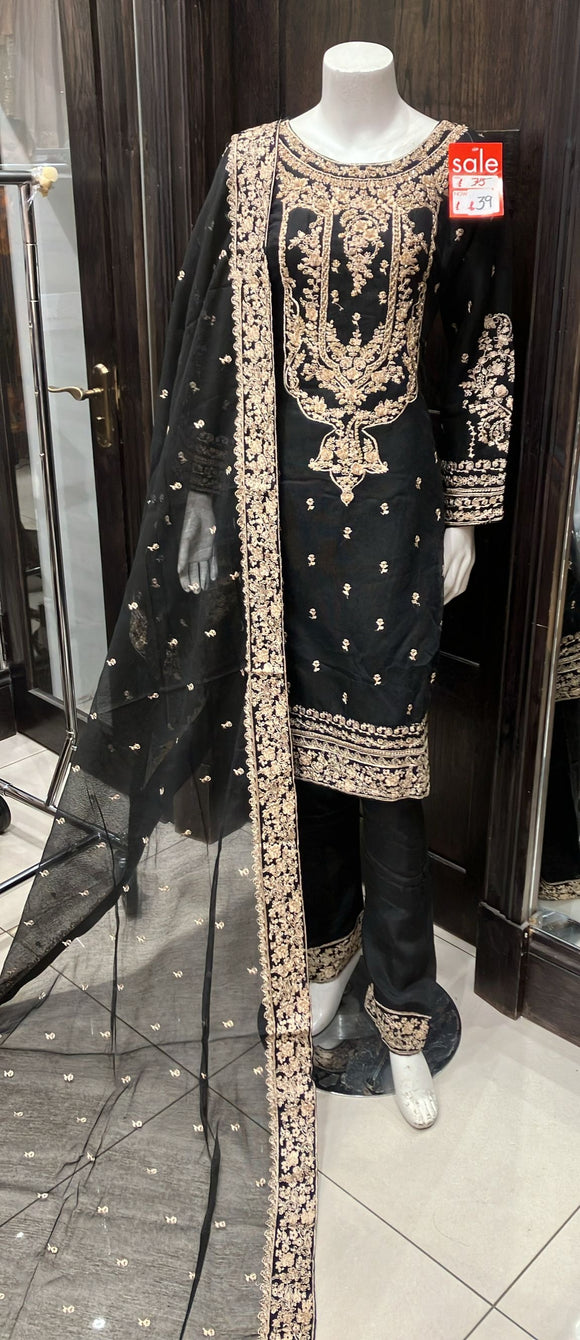 BLACK EMBROIDERED MASOORI NET 3 PIECE SUIT 423A