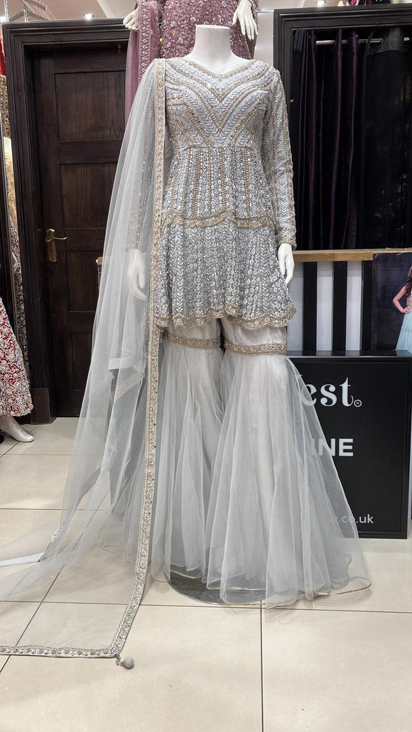 Grey Heavy Embroidered net Gharara suit 1185B