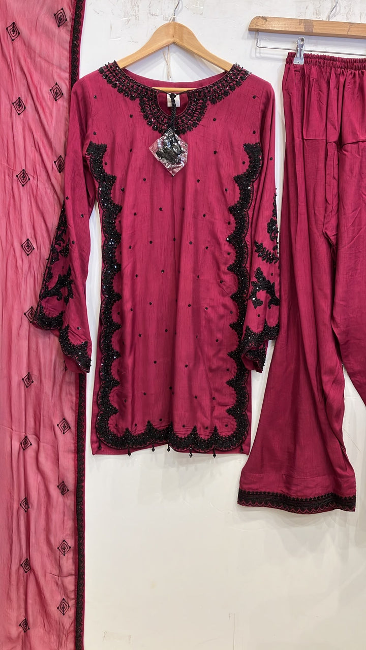367C- Pink Embroidered Silk Farshi Shalwar 3 Piece Suit