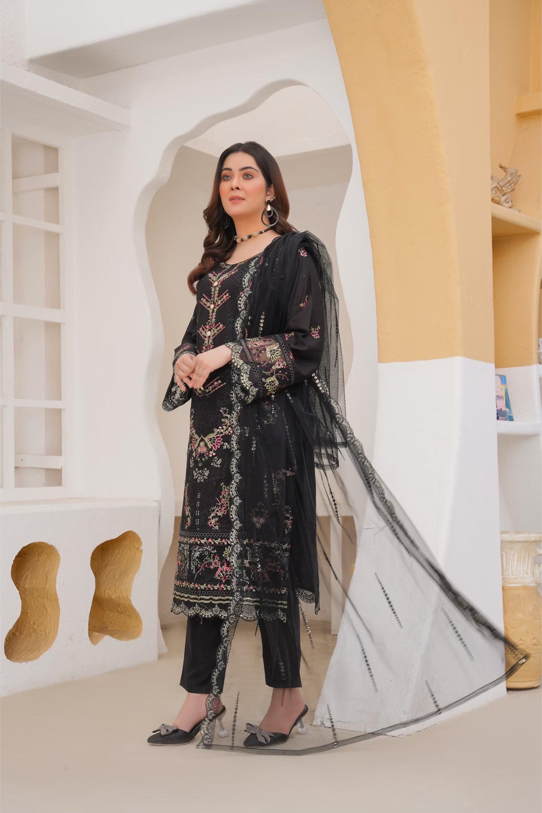 77A - Maria b inspired Black Embroidered Cotton 3 piece suit