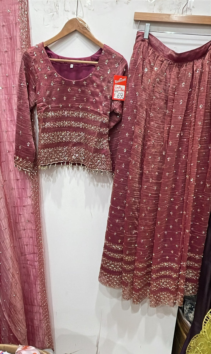 122C - Mauve Embellished Lehenga - 3 Piece Wedding Outfit - East meets west clothing 