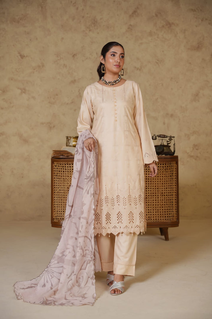 1167E- BEIGE LINEN CHIKANKARI 3 PIECE SUIT