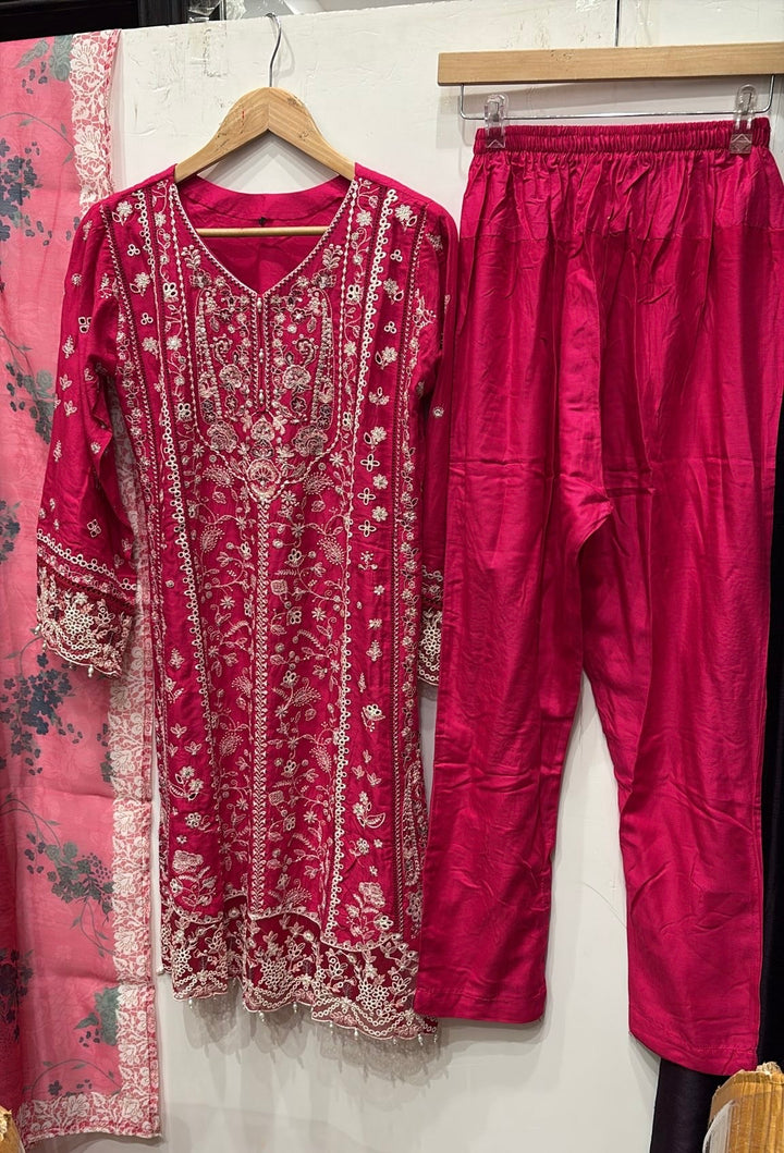 1152A -  PINK EMBROIDERED LINEN 3 PIECE SUIT